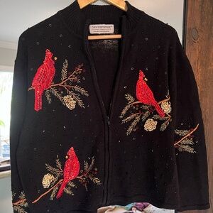 Tiana International Black Cardigan with Sequined Red Cardinals & Spruce tree